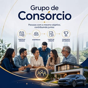 Grupo de consórcio reunido para planejar a compra de imóveis e veículos