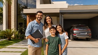 Família diante de casa e carro adquiridos com consórcio