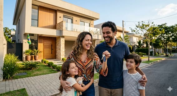 Uma Familía sorrindo na quintal de Casa