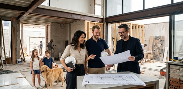 Família planejando reforma residencial com consórcio de reforma de casa