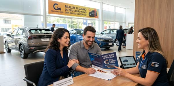 Cliente recebendo as chaves de um carro após contemplação em consórcio de veículos.