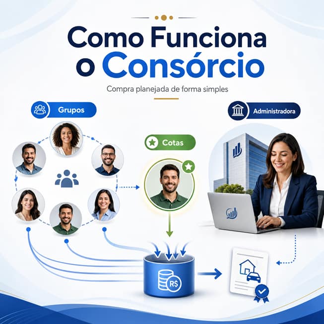 Infográfico explicando como funciona o consórcio com grupos, cotas, administradora e carta de crédito